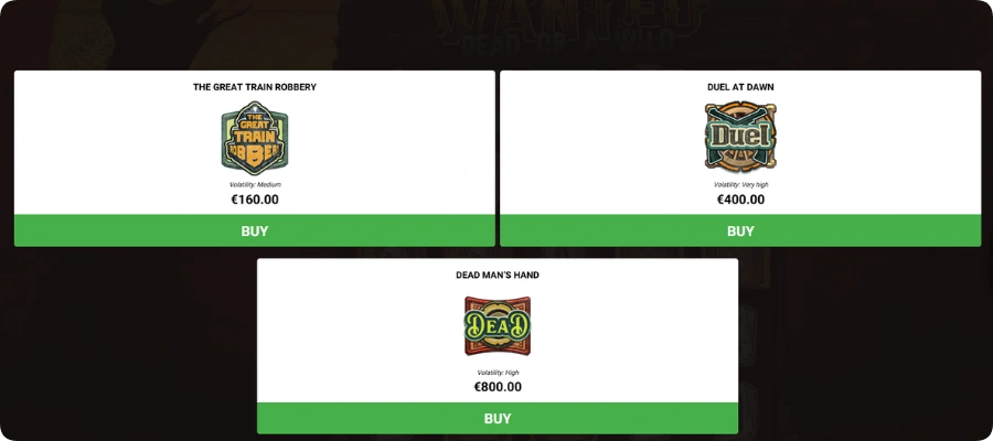 Kolmen bonuspelin hinnat Bonus Buy -valikossa Wanted Dead or a Wild