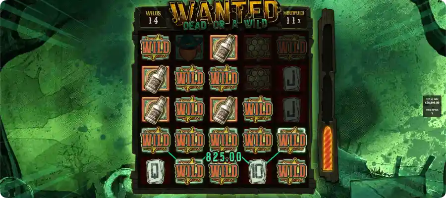 Kerätyt wildit ja kertoimet ratkaisuvaiheessa Dead Man's Hand -bonuksessa Wanted Dead or a Wild