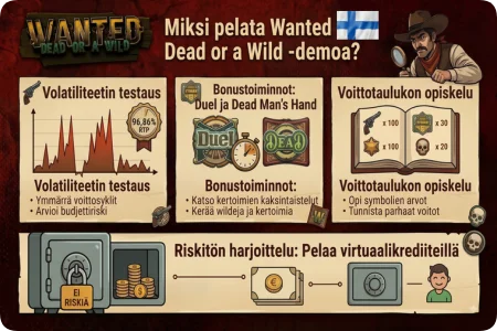 Infografiikka Wanted Dead or a Wild demon eduista: volatiliteetin testaus, bonustoiminnot ja voittotaulukon opiskelu