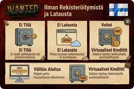 Infografiikka demon käytöstä ilman tiliä ja latausta, jossa virtuaaliset kreditit ja välitön aloitus