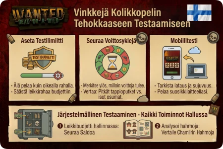 Infografiikka demon testausvinkeistä: testilimiitti, voittosyklien seuranta ja mobiilitesti