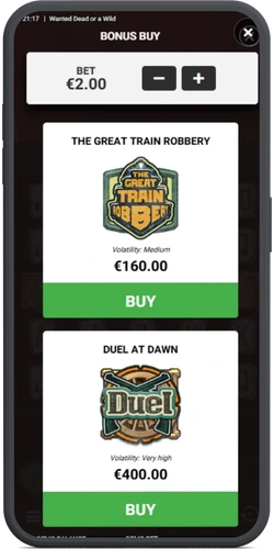 Bonus Buy -näkymä demossa The Great Train Robbery ja Duel at Dawn hinnoiteltuina