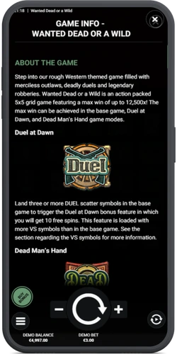 Demon peli-info jossa kuvataan Duel at Dawn ja Dead Mans Hand bonustoiminnot
